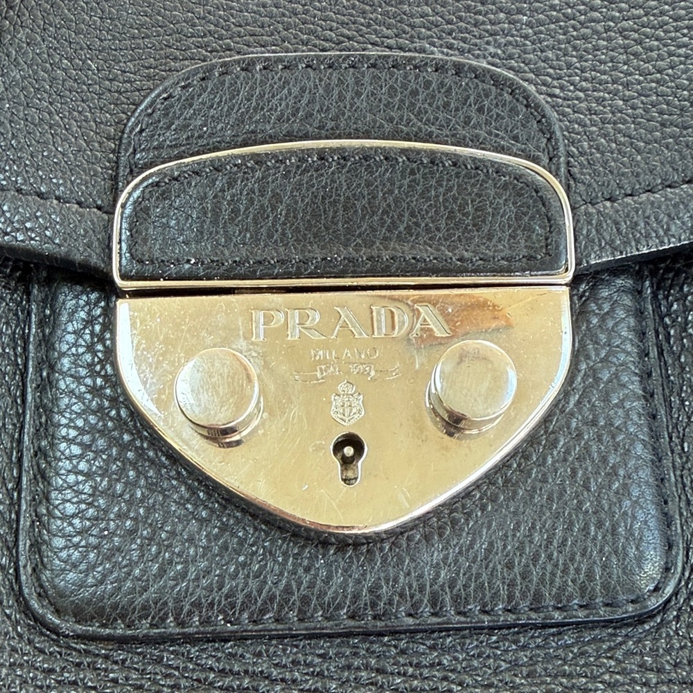 Prada Black Pebbled Leather Shoulder Bag with Silver Hardware 100 Authentic MINT